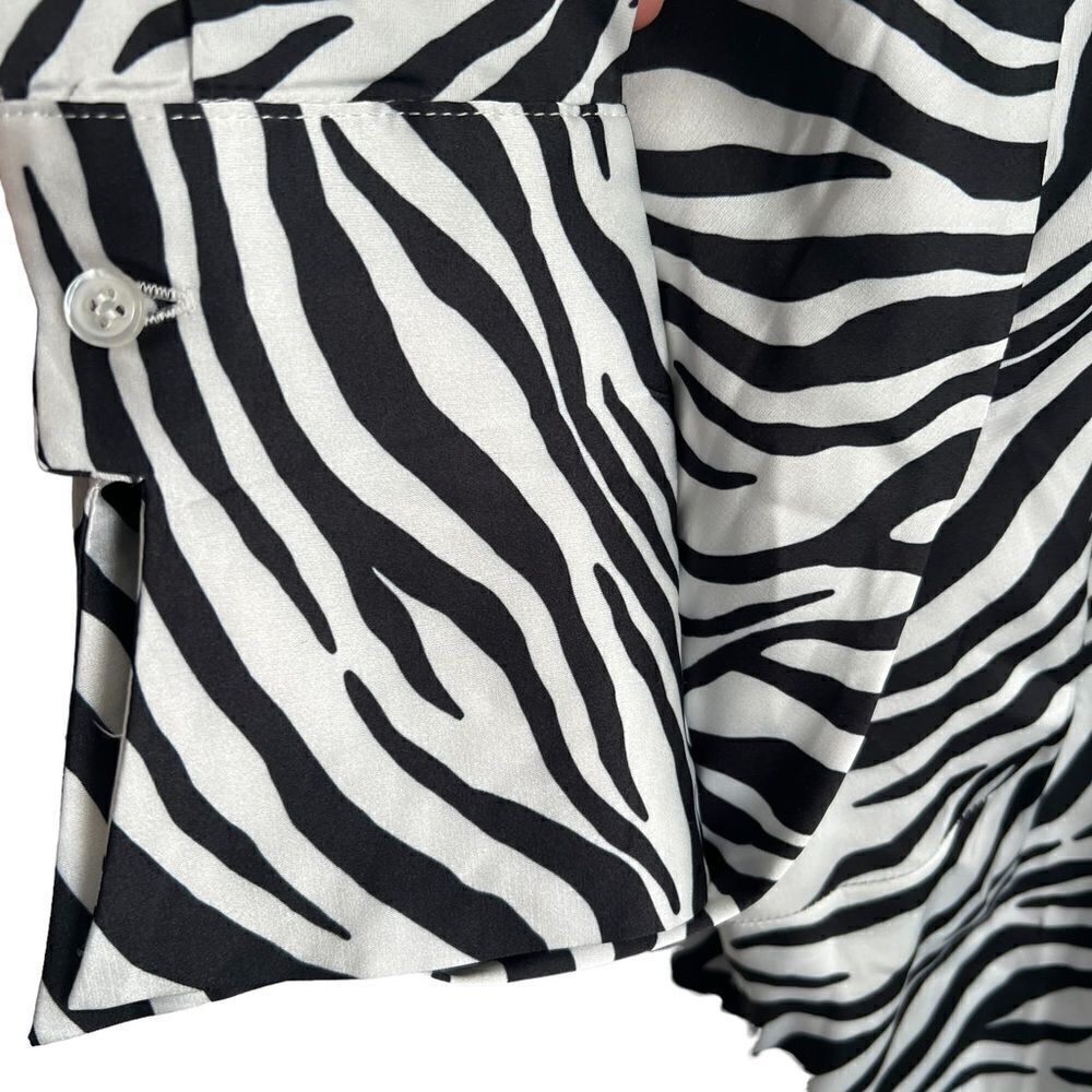 Boston Proper Zebra Print Satin Blouse Size 4 Black/White Cuffed Sleeve Top — image 3 of 8